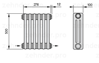Схема (чертеж) Радиатор Zehnder Charleston 3050/6 №2670 Белый глянцевый RAL 9016